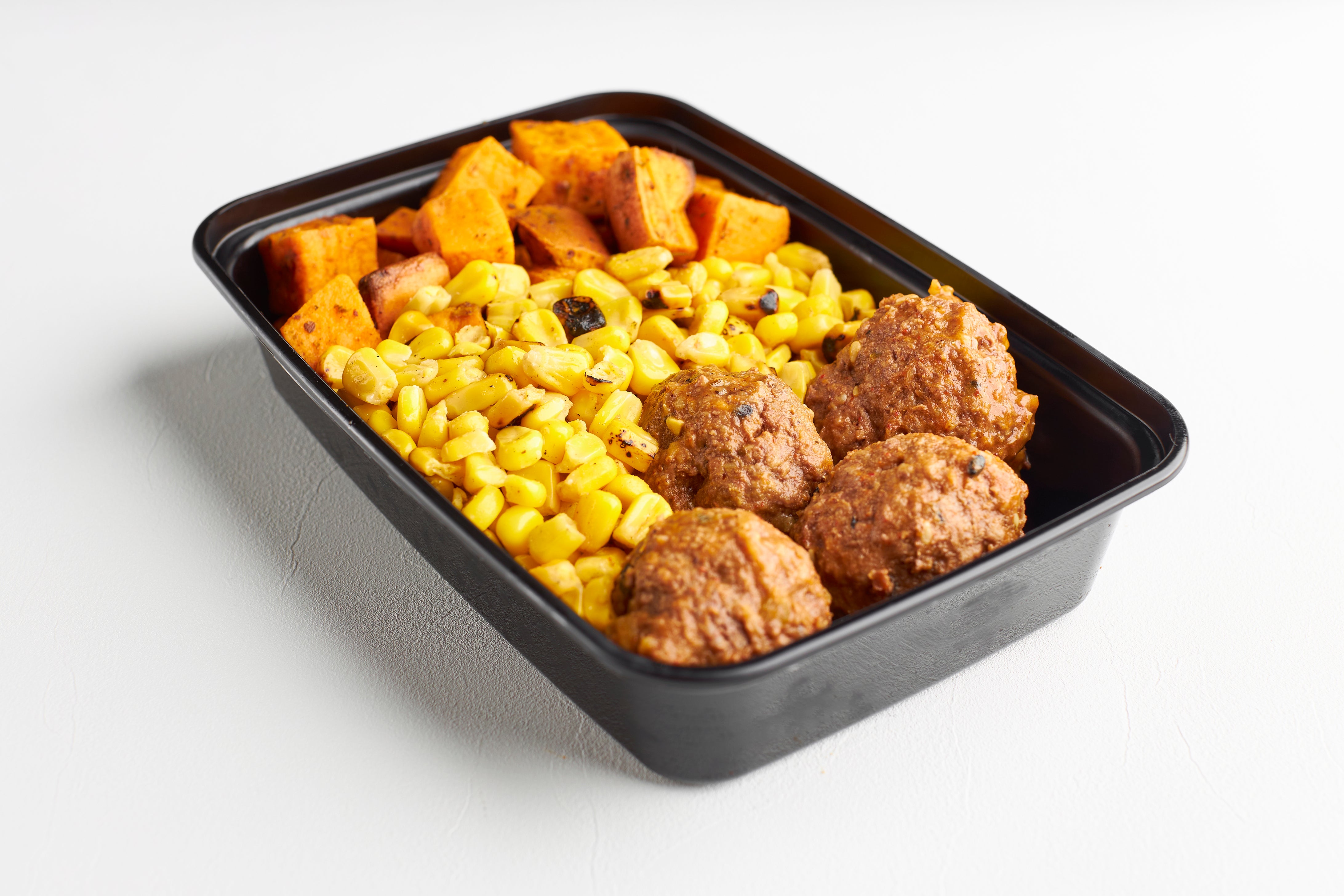 Meatballs, Sweet Potatoes & Corn